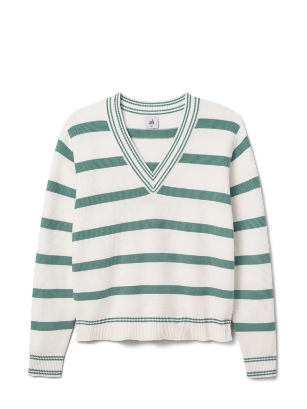 NWOT! CAbi Arena V-Neck Pullover White and Teal Striped V-Neck Sweater Sz. M - Picture 2 of 5